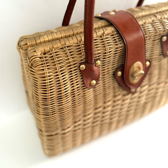 Vintage Marchioness 50s Woven Basket Top Handle Purse Bag Leather Turn Lock - Picture 3 of 11